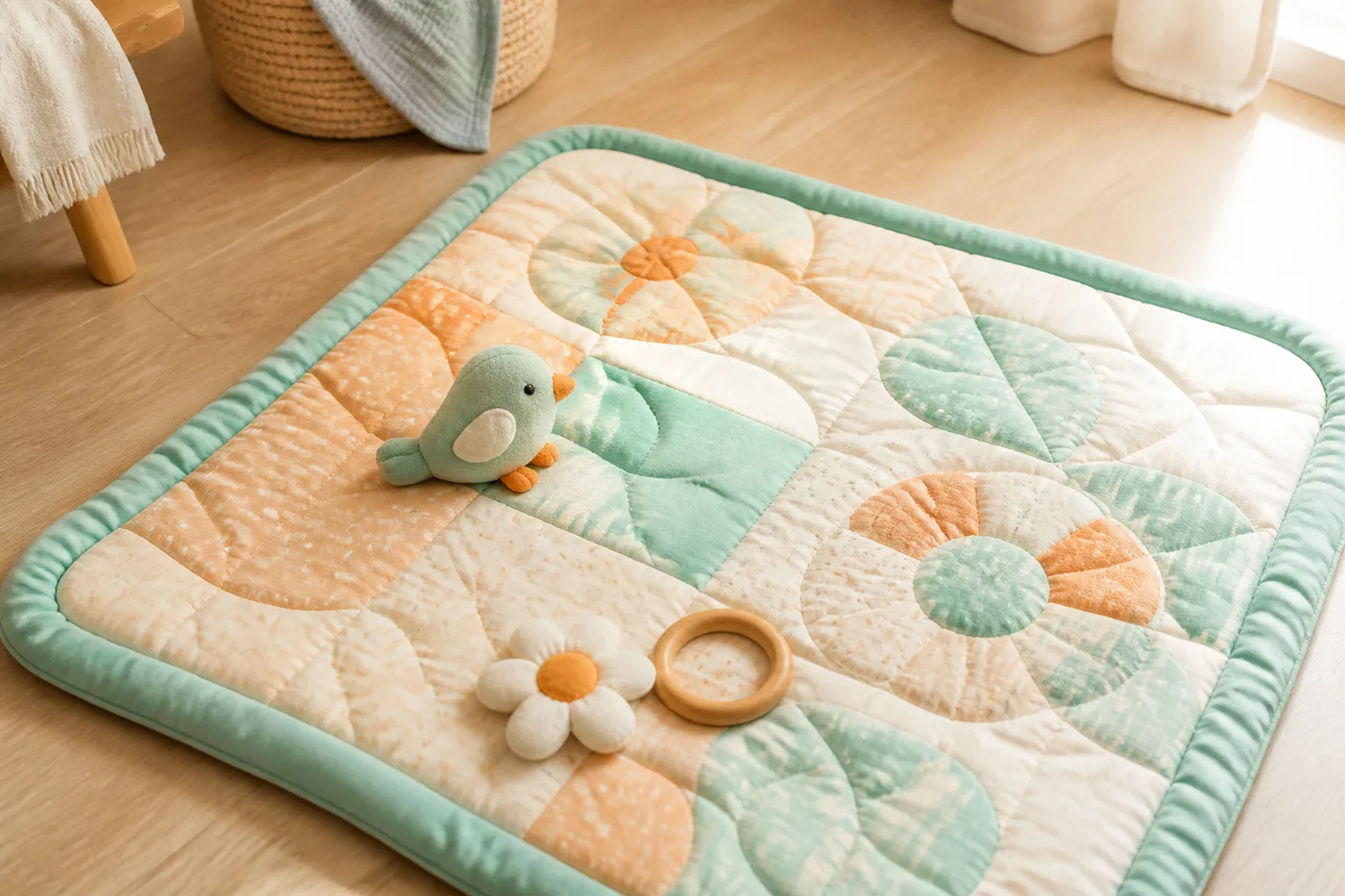 Gesteppte Krabbeldecke in Mint und Apricot auf hellem Holzboden, mit Stofftier und Greifring