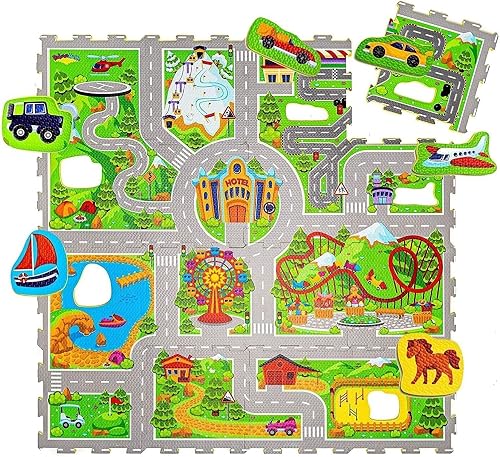 Hakuna Matte Straße Puzzlematte Baby 120x120 cm – Autoteppich Kinder 16 Platten, 11 Autos – 20% dickere &am…
