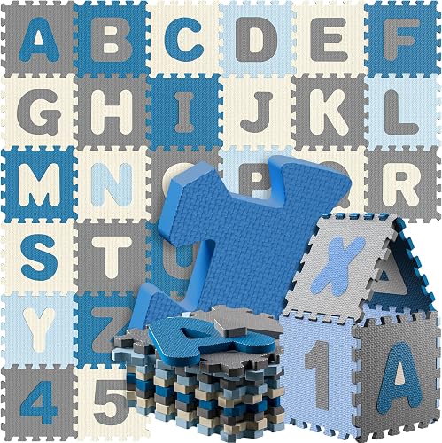Spielwerk® 86-teilige Puzzlematte Baby Blau 3,3m² Buchstabenteppich ABC Matten für Kinder Spielunterlage Bo…