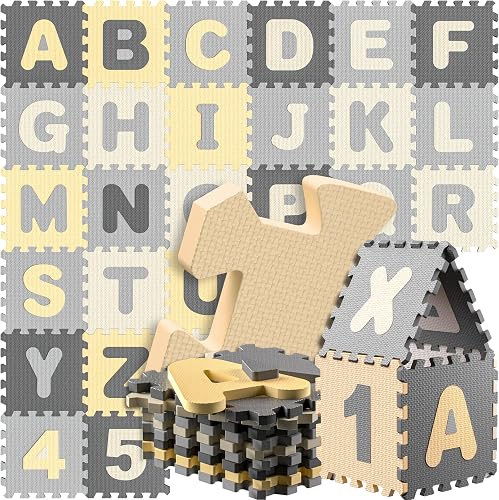 Spielwerk® 86-teilige Puzzlematte Baby Grau 3,3m² Buchstabenteppich ABC Matten für Kinder Spielunterlage Bo…