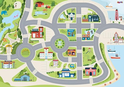 Straßenteppich Cute City – Kinderteppich mit Antirutsch-Rückseite, Spielteppich in Hellen Farben für Kinder…
