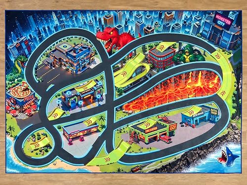 Straßenteppich – Monster City – Spielteppich 160 x 110 cm, Autoteppich mit Breiten Straßen &amp; großen Par…