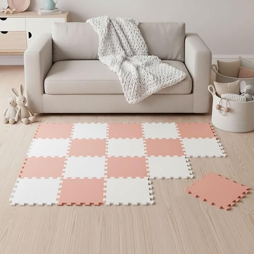 LittleTom Spielmatte Baby Puzzlematte Rosa &amp; Weiß - 18 Matten je 30x30 cm Krabbelmatte 180x90 cm Bodenm…